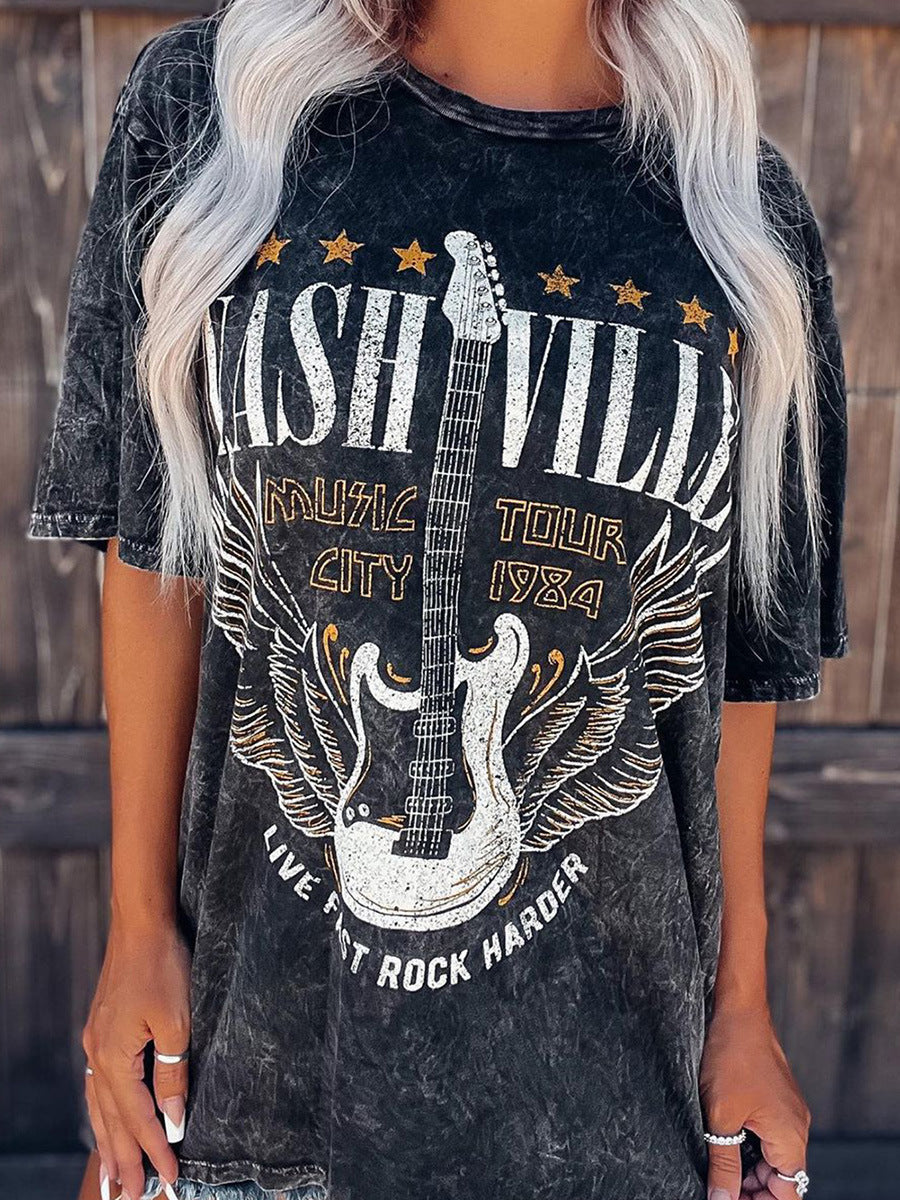 Women's Short Sleeve Vintage Guitar Pullover